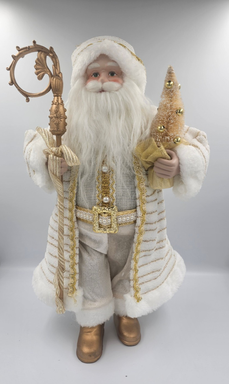 18" White Gold Santa Claus Figurine Tabletop Christmas Decor Glam Faux Fur Tree